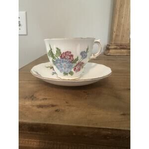Royal Vale Pattern 6427 Footed Cup & Saucer Set Blue & Pink Floral Discontinued